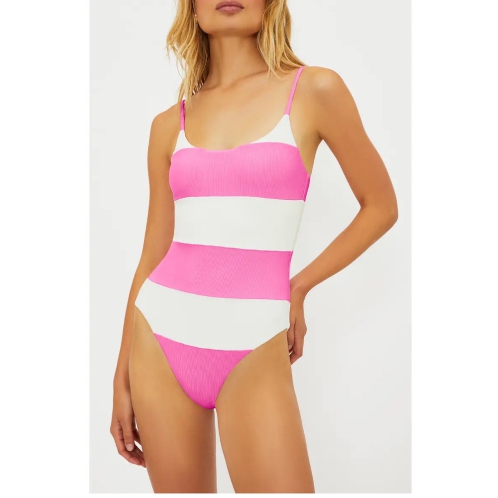 NEW! Beach Riot Calista One Piece Swimsuit Pink White Striped Ribbed Size L